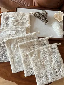 Apricot Vintage Lace Embroidered Drawstring Bag, Multi-Purpose Storage & Organizing, Ideal for Travel, School, Gifts, Drawstring Organizer Bag