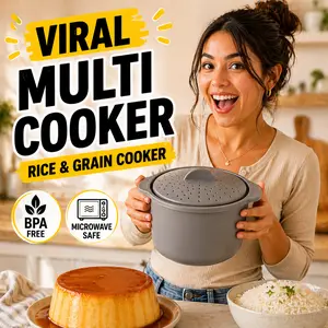 Microwave Rice, Grain & Flan Cooker BPA Free – Multi-Use Cooker for Rice, Quinoa, Veggies & Cake Baking – Includes Measuring Cup & Paddle, Heat-Safe Handles