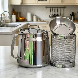 2L/68oz 304 Stainless Steel Oil Strainer Pot - Generous Capacity Versatile Grease Container with Filter & Frying Basket - Perfect for Kitchen & Camping(Bright)