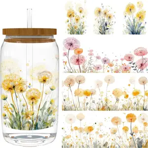 4 Sheets 16oz UV DTF Cup Wrap Design - Removable - DIY UV DTF Transfer Papers for Mug Cups,Notebook - Easy-Peel UV DTF Transfers for Smooth Surfaces (Watercolor Dandelion Wildflower)