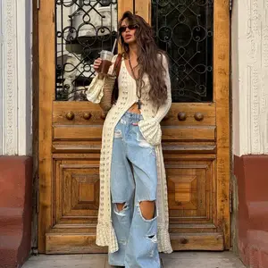 Women Knit Cardigan Long Sleeve Button Closure Hollowed Solid Fall Long Jacket For Daily Street