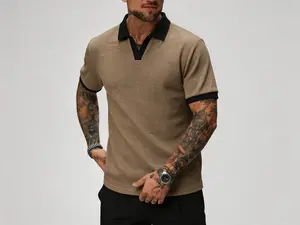 CasualCool men’s contrast-color short-sleeve casual commuter polo shirt; men’s knitted polo shirt; cream polo shirt; men’s V-neck knitted shirt; men’s short-sleeve sweater polo; men’s textured polo shirt; old money style