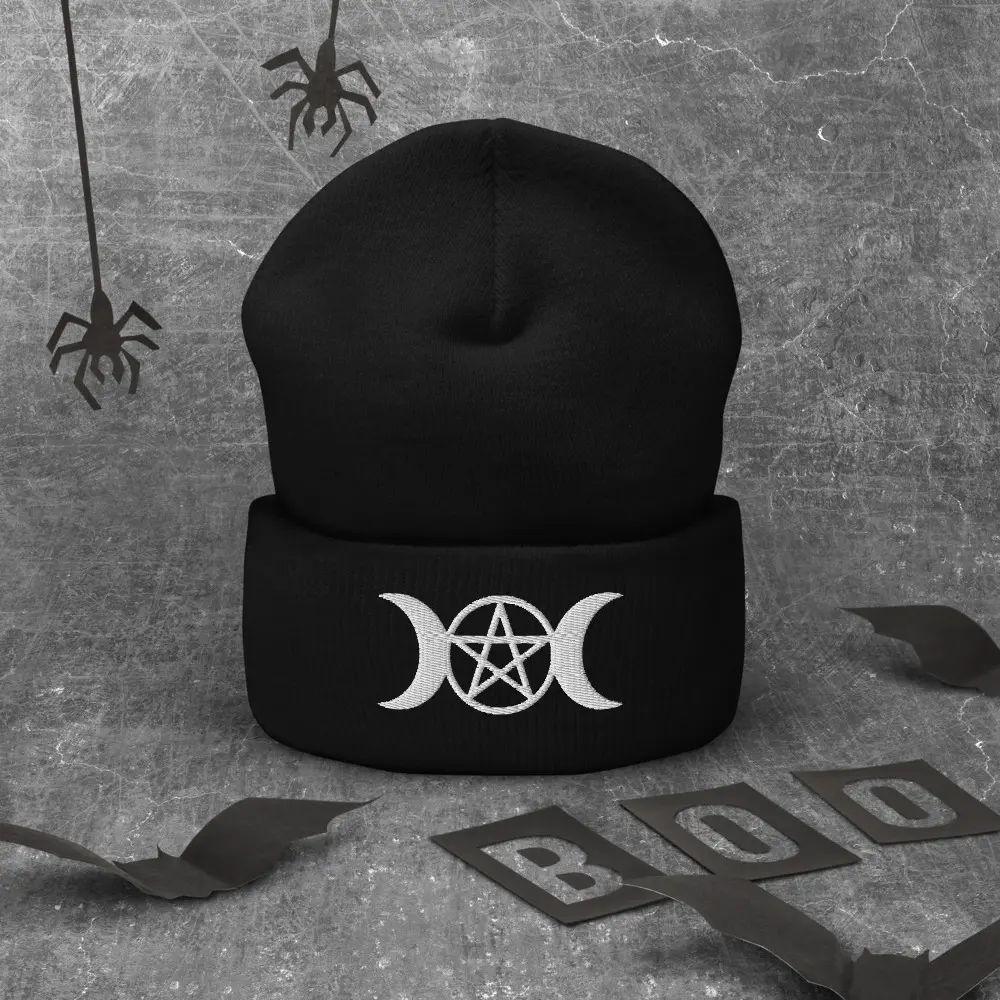 Triple Moon witch Goddess Black gothic Cuffed Beanie pentacle pentagram witchcraft