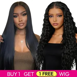 Hurry! Buy 1 Get 1 Free Blended Human Hair Lace Front Wig | 180% Density, Transparent Lace, #1B Straight Hair & Ocean Wave Wigs