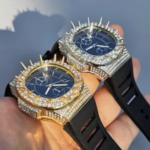 Men's Watch Black Silicone Band Simulated Diamond Iced Thorned Bezel Quartz Movement Luxury Urban Unique Style