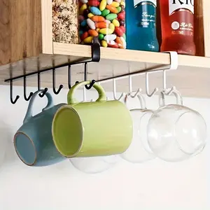 1pc Metal kitchen storage rack with 6 hooks, creative iron tableware storage rack, multi-row cabinet storage rack, suitable for cabinets - space saving cup and tool racks, Display Stand, Countertop Storage