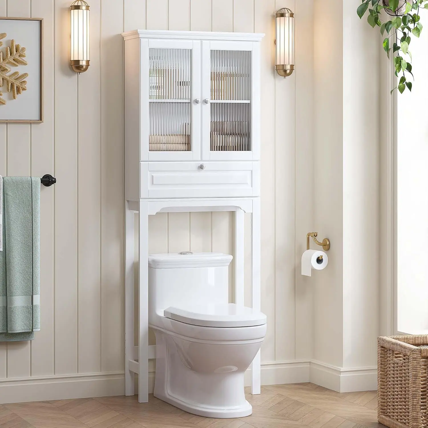 Over The Toilet Storage Cabinet with Muro Glass Doors, Over Toilet Bathroom Organizer with Tilt-Out Cube and Adjustable Shelf, White