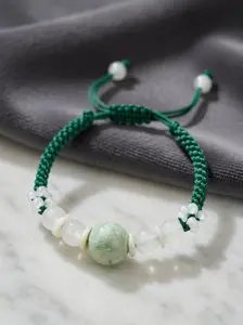 Natural Green & White Jadeite Bracelet | Adjustable Handwoven Cord