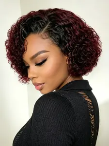 Ombre Burgundy Curly Bob Wig 13x4 Lace Front Human Hair, 180% Density Short Curly Wig for Women, Stylish and Natural Look