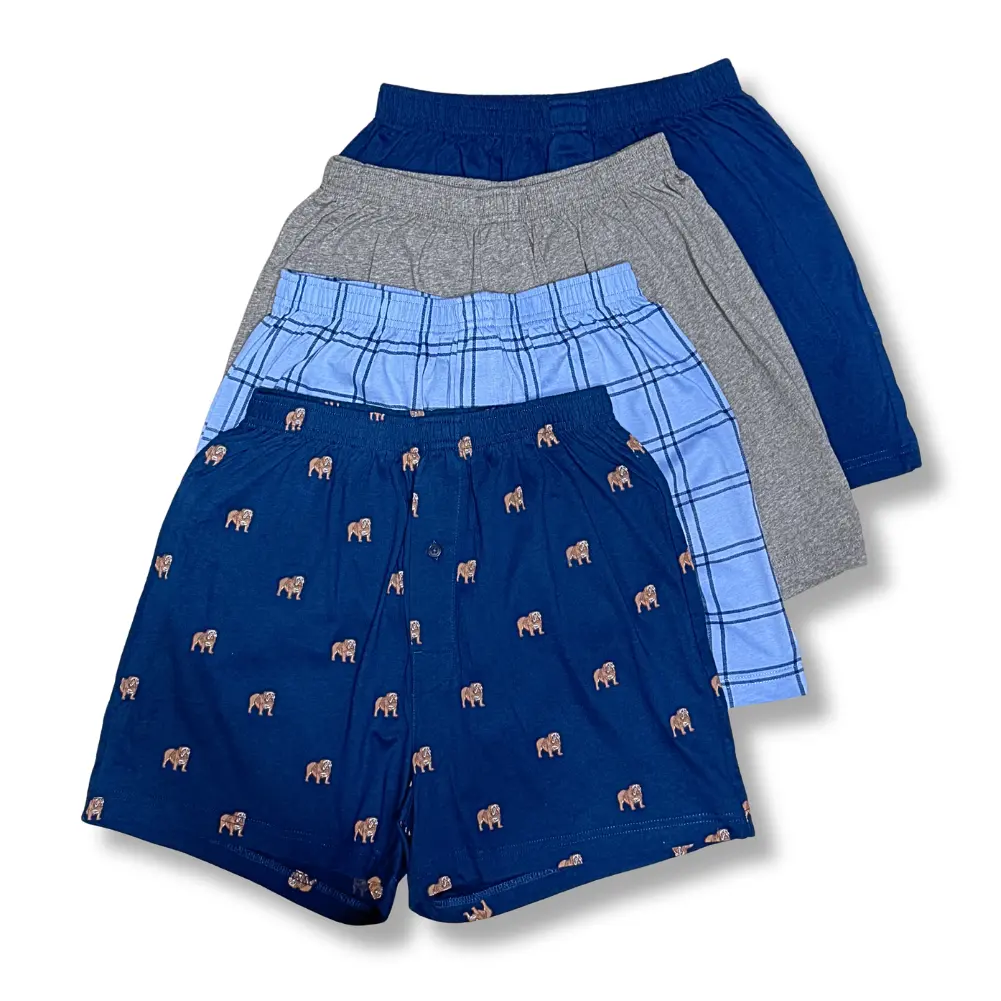 Stafford Men's Knit Boxer Shorts 4-Pack Pure 100% Cotton Classic Relaxed Fit Breathable Lightweight Comfort Fit Underwear Multipack Blue Navy Gray with Dogs Menswear Elastic Waistband Functional Fly Soft Moisture Wicking