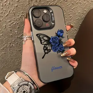 Butterfly and Roses Silicone Case for iPhone Series with Lanyard, Wireless Charging Compatible, Cartoon Design - Luxury Protective Cover