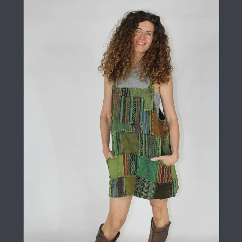 Cotton Mini Overall Upcycled Patchwork mini Dress with adjustable straps and pockets