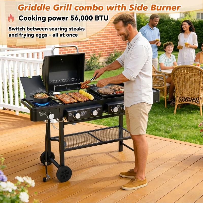 Overseas Stock All-in-One Propane Gas Grill with Grilling & Griddling Functions 745 Sq.Inch Cooking Space