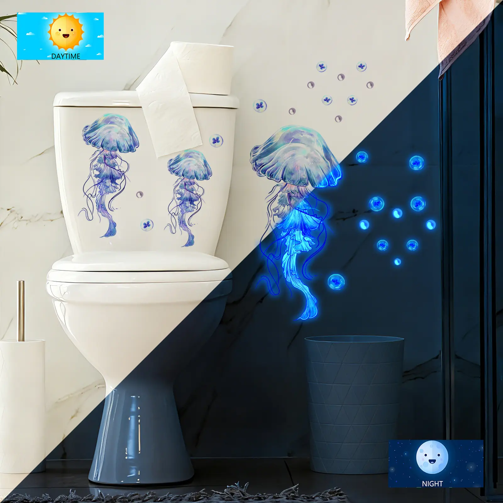 1Pcs 30x60cm Luminous Blue Jellyfish Bubble Pearl Glow in Dark Decorative Wall Sticker for Home Background Wall Decoration