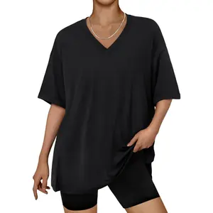 Plus Size Oversized V-Neck Tshirt Breathable Elastic Fabric Tunic for Workout Gym Casual Homing Wear