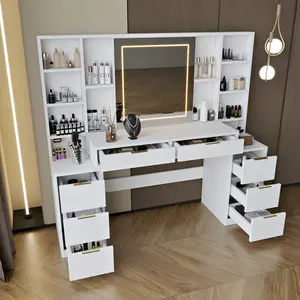 59" Large Makeup Vanity Desk with Mirror & Lights, 8-Drawer Dressing Table with Open Storage Shelves, Brightness Adjustable LED Mirror, Complete Vanity for Bedroom Women & Girls