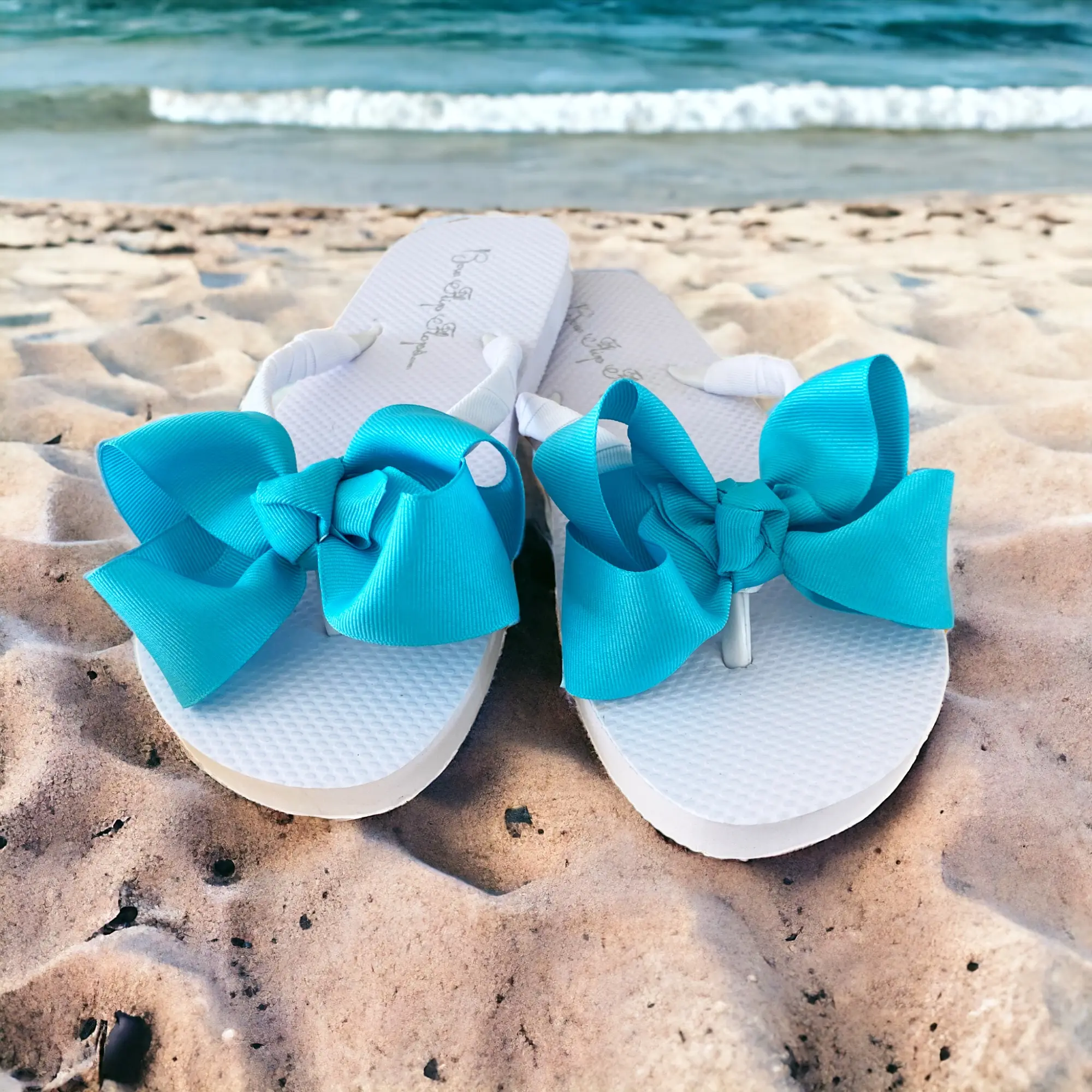 Turquoise Bow Flip Flops for Women on White Flat Heel, Something Blue Wedding Sandal or Spa Beach Girls Day