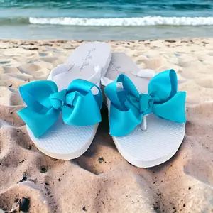 Turquoise Bow Flip Flops for Women on White Flat Heel, Something Blue Wedding Sandal or Spa Beach Girls Day