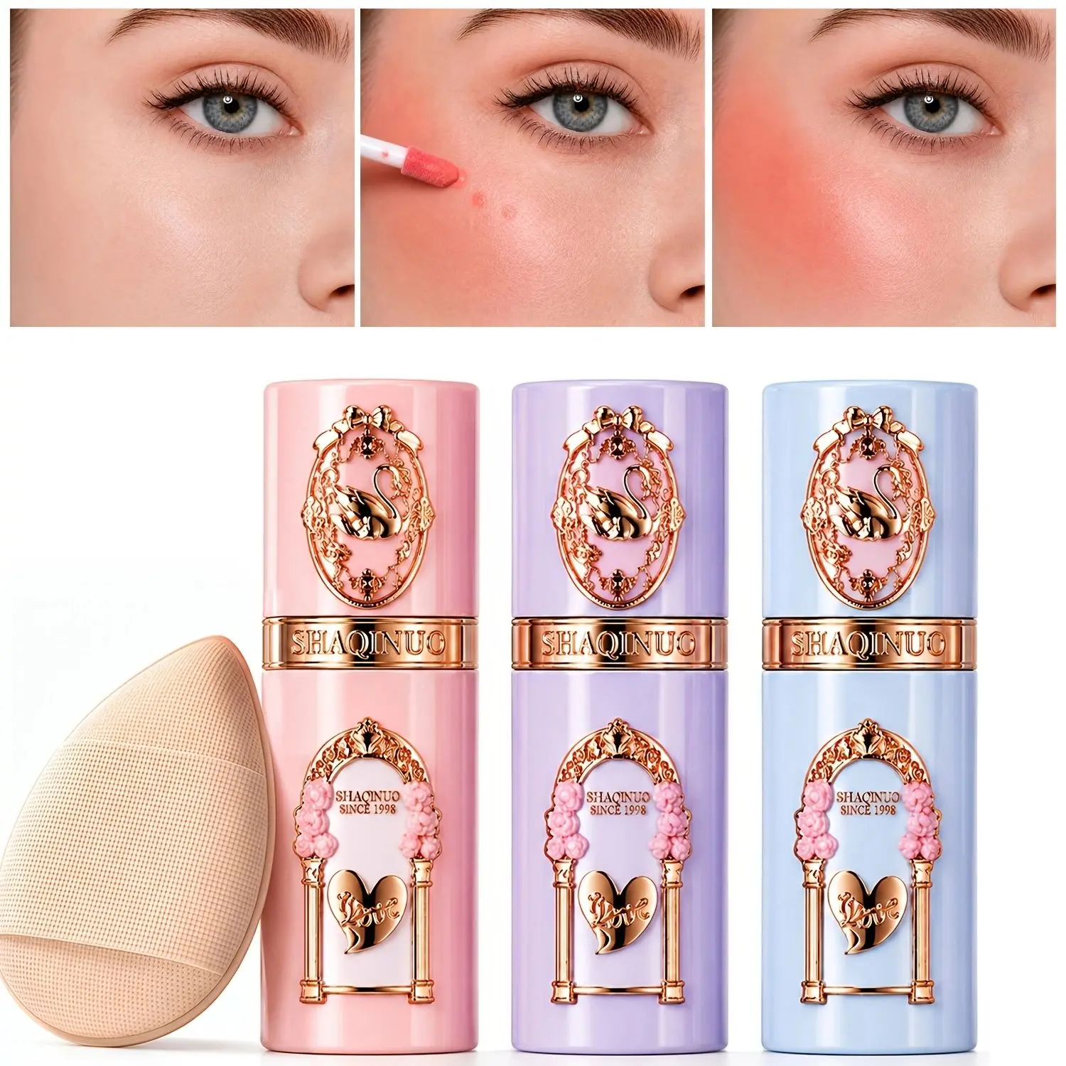 3Color Glossy Liquid blush With Powder Puff Set Long Lasting Natural Finish Waterproof Smooth Blendable Dewy Lip And Cheek Tint Makeup Smudgeproof Cosmetic
