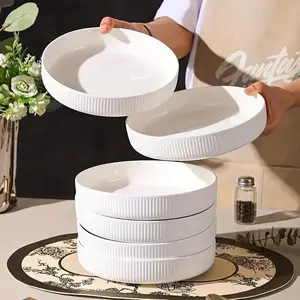 2/4Pcs 20.32cm White Ribbed Ceramic Pasta Bowls, Round Salad Dinner Bowls, Microwave & Dishwasher Safe for Home Kitchen Daily Use Tableware