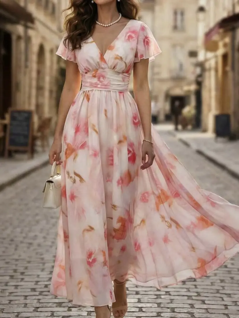 V-Neck ElegantLocalRuffle Hem Floral Print Waist Cinched A-Line Midi Dress, Romantic & FashionableFor Holiday