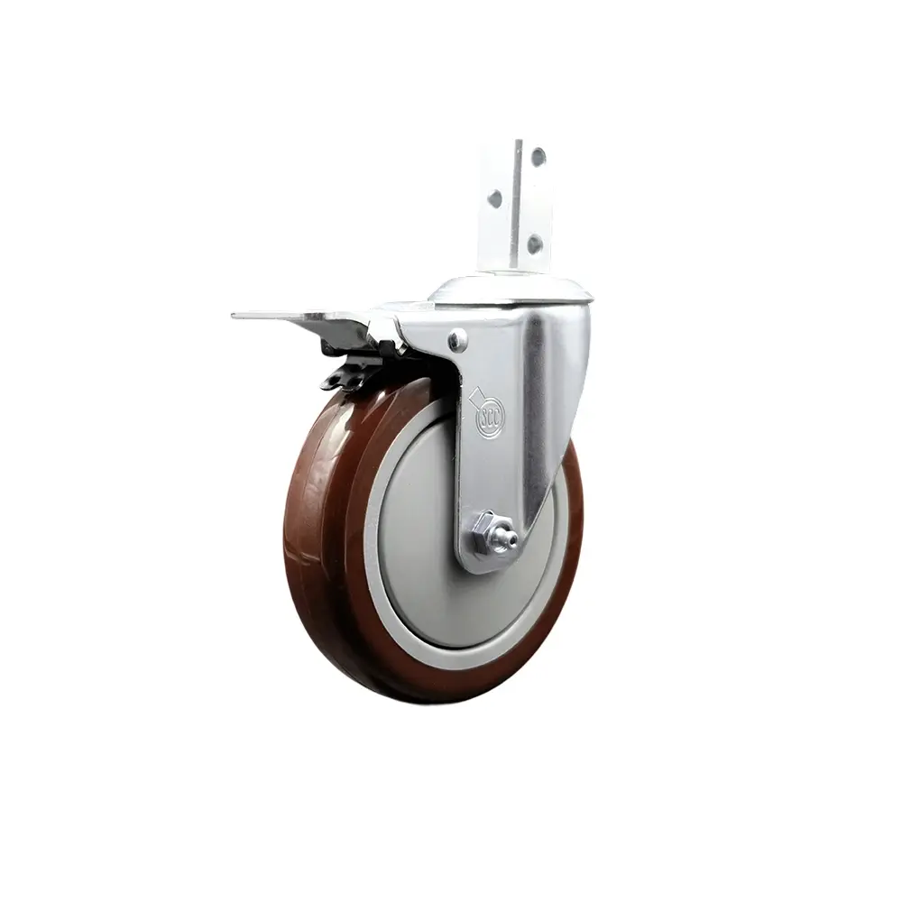 Service Caster SCC-SQTTL20S514-PPUB-MRN-78 Lockable Swivel Square Stem Caster, Furniture Moving Wheel, 5x1.25 in. Maroon Polyurethane Wheel, 0.87x2 in. Square Stem, 3x0.26 in. Diameter Mounting Holes, Lockable Wheels