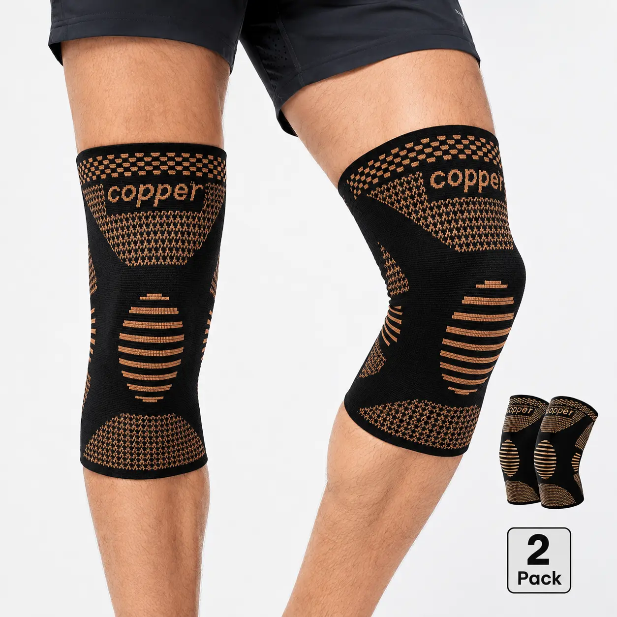 2-Pack Copper Infused Knee Sleeves, 3D Knit Compression Knee Brace Set for Fitness Training, Workout & Daily Sports, Joint Stabilizer for ACL Injuries, Arthritis and Knee Soreness