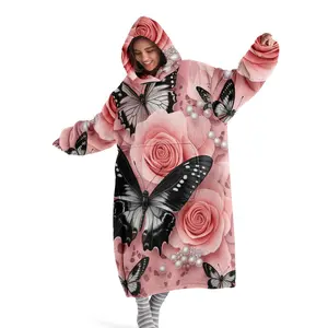 Hooded Blanket, Wearable Blanket, Women's Fleece-Lined Bathrobe,hat blanket,Fashionable Pajamas, Nightgown, Pink Rose Butterfly Print Thickened Loungewear Perfect for winter home wear, this stylish robe makes an ideal gift for Christmas or Valentine's Day