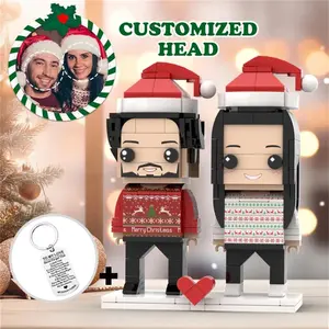 Ugly Christmas Matching Couple Pajamas Custom Face Brick Figures Customizable Head 2 People with Keychain Set  Valentine's Day Gift for Couple