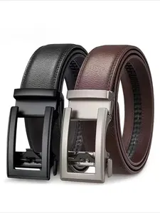 High-Quality Casual Formal Wear, Men's Business Belt Adjustable Ratchet Belt with Alloy Automatic Buckle, Vintage Brown Leather, Trendy Exquisite Belt