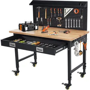 [fathers day gift]New Upgraded Utility Tables Adjustable Heavy Duty Mobile Workbench with Oak Top, Pegboard, Power Strip, Drawers, and 907kg Capacity - 72-100cm Height for Garage, Workshop & Use