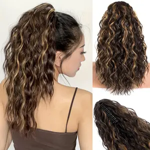 VOSILK 18inch Highlight Ponytail Extension Claw Long Multi Layered Fluffy Thick Wavy Jaw Clip in Fake Pony Tails Fake Hair Soft Natural Hairpiece Chocolate Brown Caramel Blonde Highlights