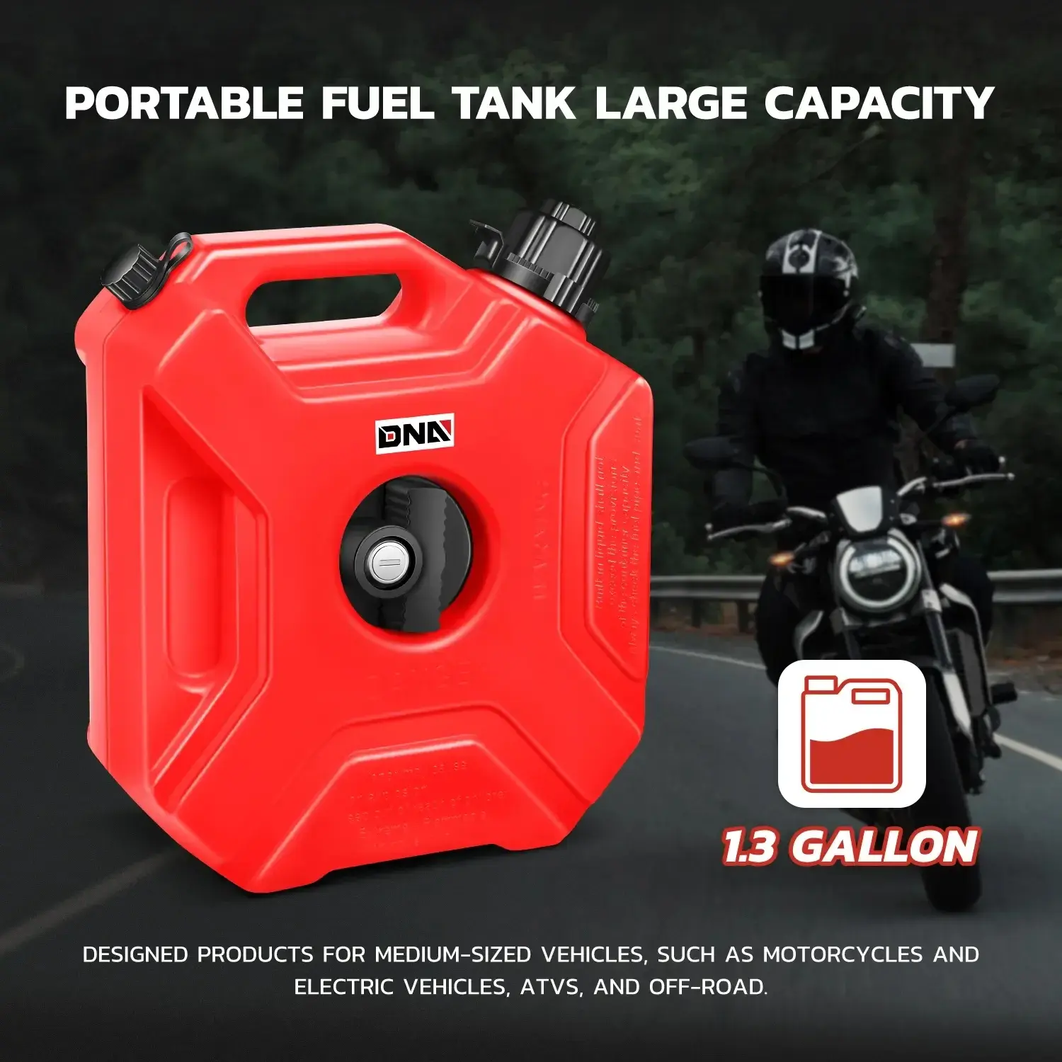 DNA MOTORING 1.3/2.6 Gallon Fuel Can Gas Tank, Portable Gas Can with Mounting Lock for Motorcycle ATV UTV Off-Road, Leak-Resistant Anti-Rust Red