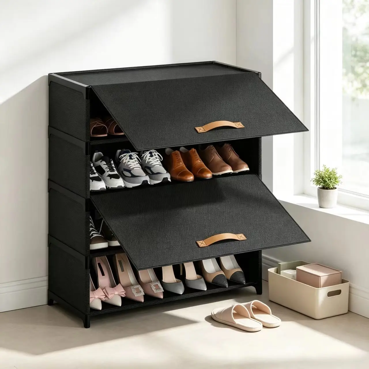 5-Tier Shoe Storage Cabinet with Flip Doors – Space-Saving Shoe Rack Organizer Holds 12-16 Pairs – Dustproof Waterproof Fabric Shoe Shelf for Entryway, Closet & Hallway – Modern Freestanding Shoe Organizer for Heels, Sneakers & Slippers