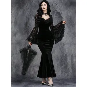 Halloween Gothic Style Lace Patchwork Waist Flared Sleeve Dress Stage Costume Cosplay Costume Black