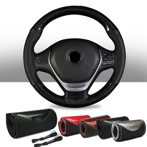 Genuine Leather Steering Wheel Cover with Anti-Slip Design, Soft Padding, Universal 15 Inch Auto Car Steering Wheel Stitch on Wrap DIY sewing