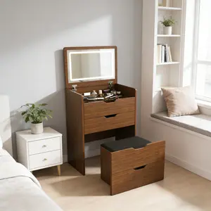 3-in-1 Vanity Desk with Lighted Mirror & Stool, Flip Top Makeup Dressing Table with Compact Storage – Walnut (23.62" / 18.9")