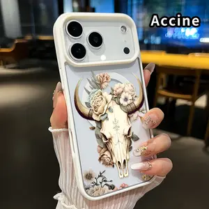 Magnetic Phone Case for iPhone 17 Pro Max 16 Plus 15 14 13 12 11 Air E Floral Skull Elegance Pattern Non-Yellowing Shockproof Soft Silicone Transparent Acrylic Cover Supports Wireless Charging.