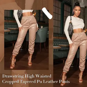 High Waisted Beige Drawstring faux leather pant