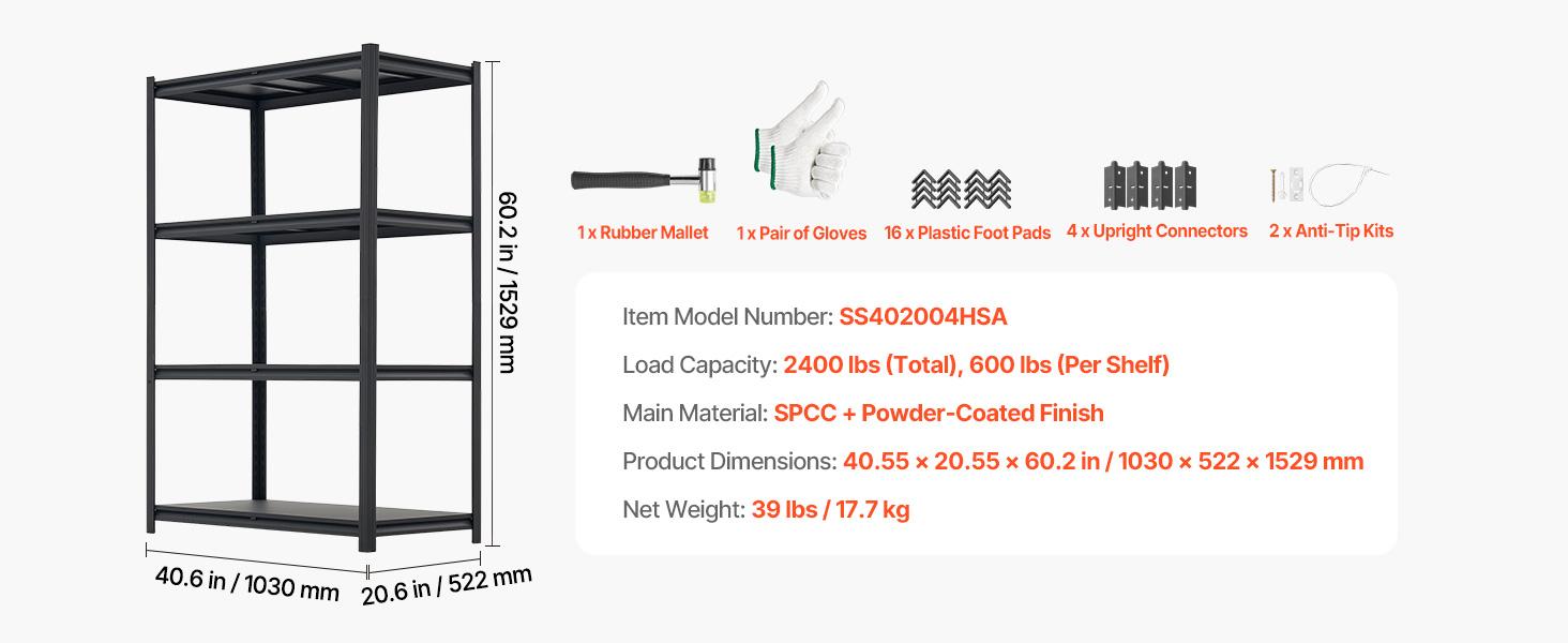 【fathersdaygift】VEVOR Storage Shelves, 4-Tier Adjustable, 2400 lbs Capacity, Heavy Duty Garage Storage Shelving Unit, Metal Utility Rack Shelf, for Garage Workshop Warehouse Basement, 40.55" W x 20.55" D x 60.2" H, Organiser