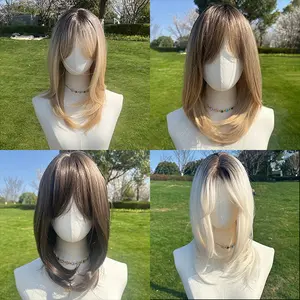 SMILCO/16 Inches Chocolate Bown/Platinum Short Straight with Bangs Synthetic Wig for Versatile Styling and Fashion/SM421