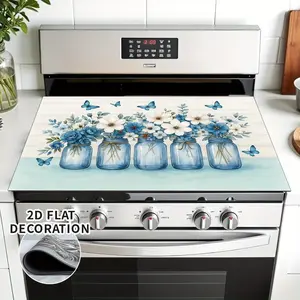 1 piece of floral butterfly printed electric stove cover -2D flat decorative oven mat, blue and white design durable scratch resistant furnace top protective cover, cookware accessories, modern home decoration easy to clean, 2D flat