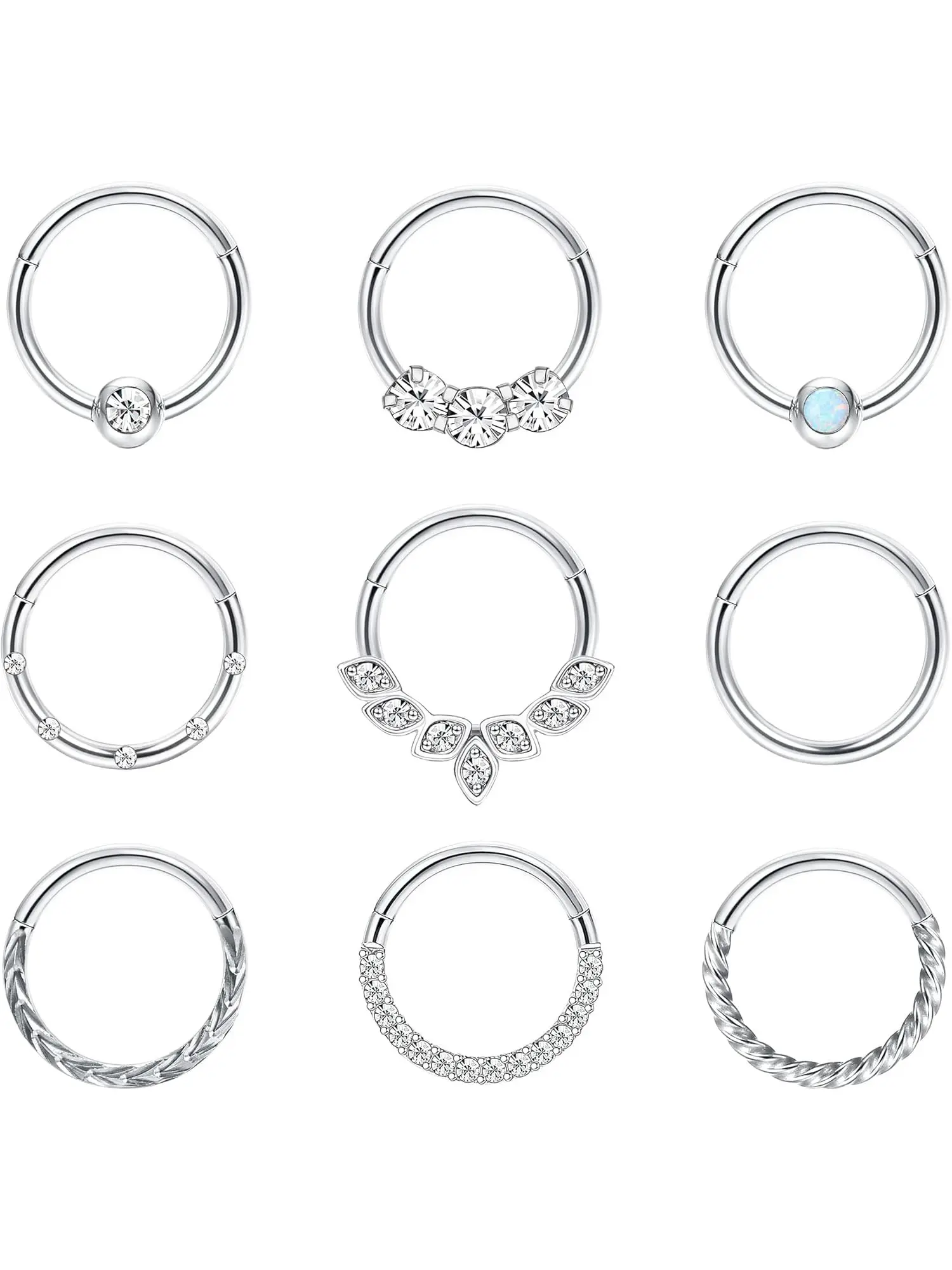 9 Pcs 16G 10MM Surgical Steel Nose Rings Hoop for Women Men CZ Opal Septum Ring Cartilage Helix Daith Body Piercing Jewelry High Quality Jewelry Body Jewellery - Silver