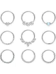 9 Pcs 16G 10MM Surgical Steel Nose Rings Hoop for Women Men CZ Opal Septum Ring Cartilage Helix Daith Body Piercing Jewelry High Quality Jewelry- Silver