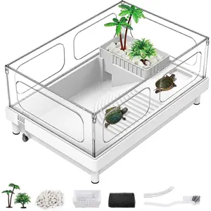Small Turtle Tank, Aquarium,  Terrarium with Basking Platform, Bottom Drainage, Multi-Function Areas for Turtles, Crabs, Crayfish, Reptiles.