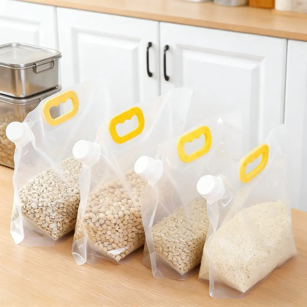 Reusable Airtight Food Storage Containers - 12-Piece BPA-Free Food Grade Clear Stand-Up Plastic Pouches with Spout, Handle, Leak-Proof Seal, Maintains Freshness, Maximizes Pantry Space for Camping, Kitchen Use
