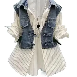 Summer  Collection--Fashion Design Sense Striped Denim Jackets Shirt Women's Spring Summer  cowboy Splicing Fake Two Pieces Shirt Coat Top Women