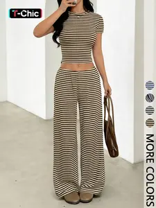 2 Piece Crew Neck Short Sleeve Striped Crop Top & Wide Leg Pants Set, Womenswear Striped Casual Daily Wear
