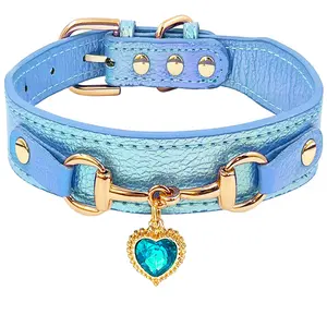 TenderSnout Iridescent PU Leather Dog Collars with Love Heart Diamond Pendant for Small Dogs, Cats Puppies, Cute Small Dog Collar with Sparkling Crystals Charms for Chihuahua (Blue, Extra Small)