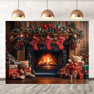 Cozy Christmas Fireplace Backdrop – Plush Teddy Bears, Stacked Gift Boxes & Glowing Hearth, Ideal for Indoor Family Holiday Decor and Kids’ Christmas Party Setups, Brings Cheerful Festive Fun, A Delightful Christmas Gift for Families